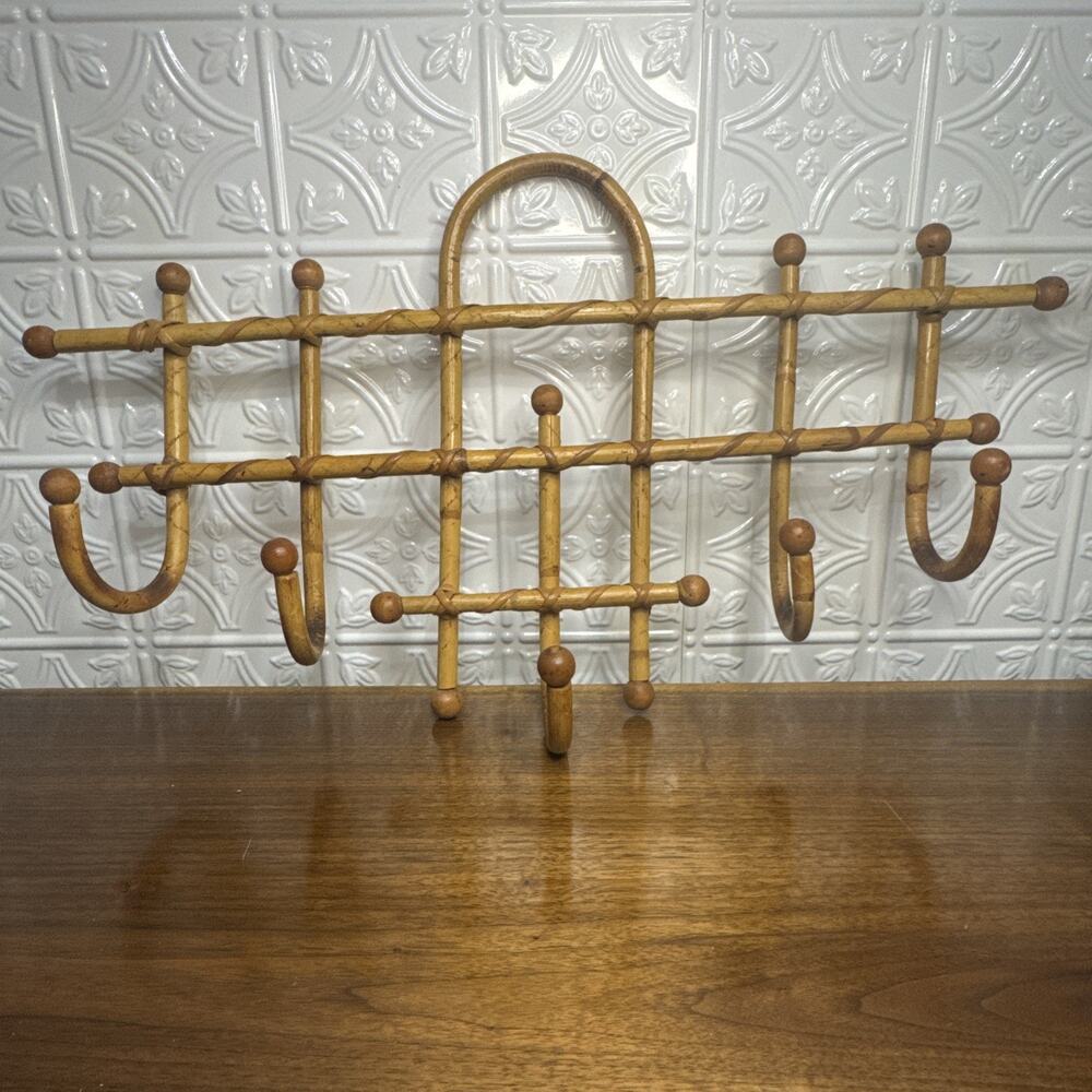 Vtg Bamboo Bentwood 5 Hook Wall Mount Coat Rack Boho Mid Century 70s